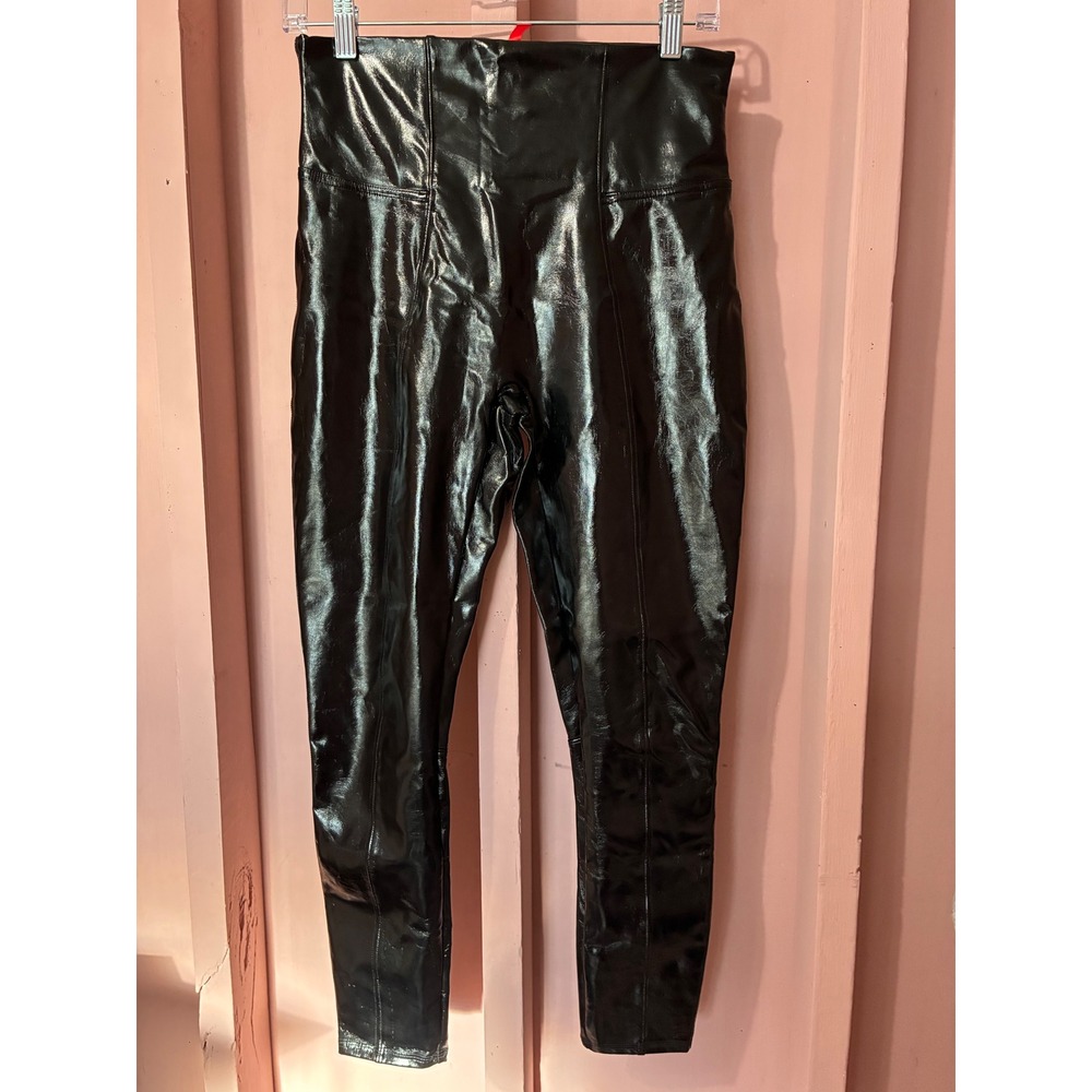 Spanx Faux Leather Patent Leggings Black High Waisted Petite Medium M/M